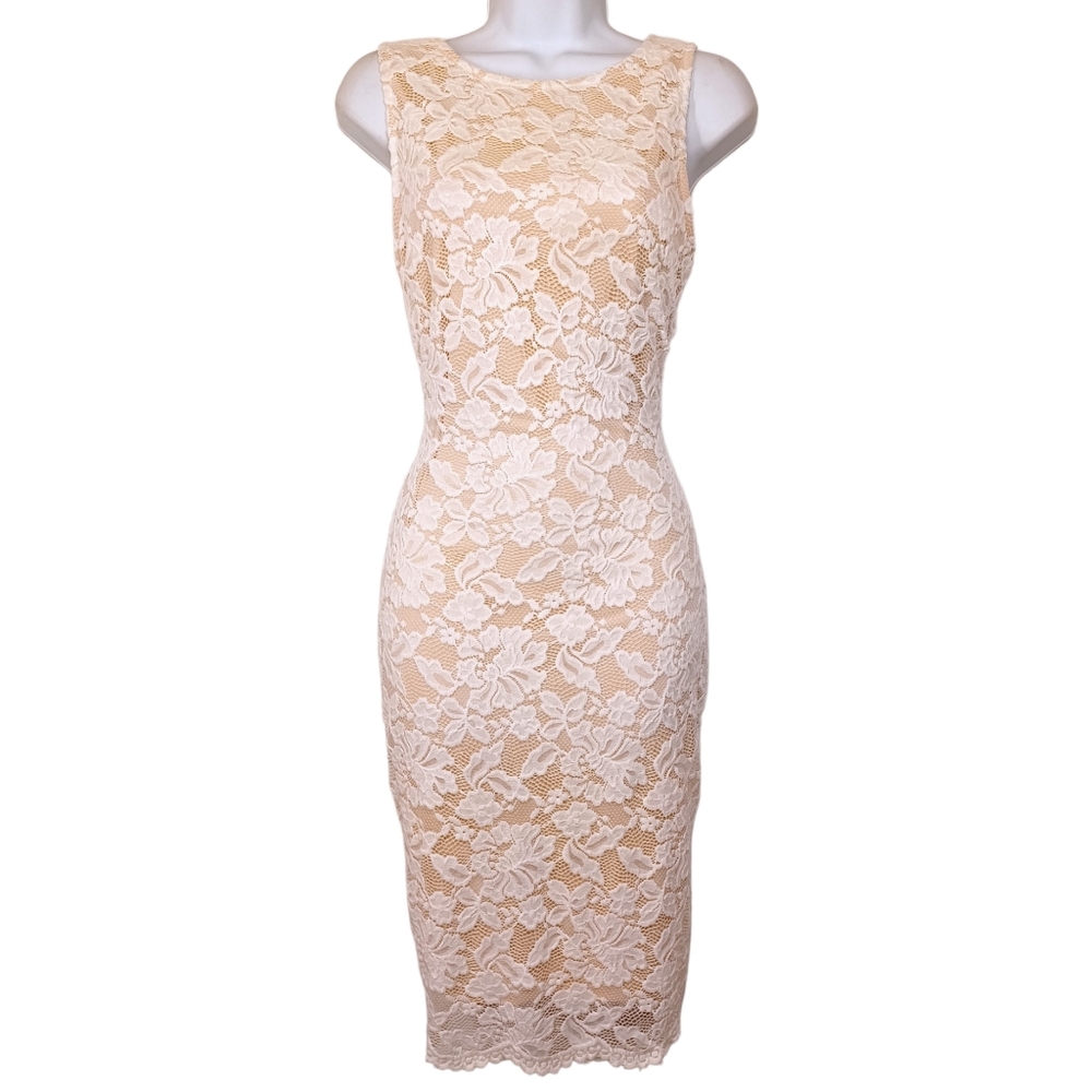 CEFIAN V Open Back White Floral Lace Nude Lining Bodycon Sleeveless Dress Large